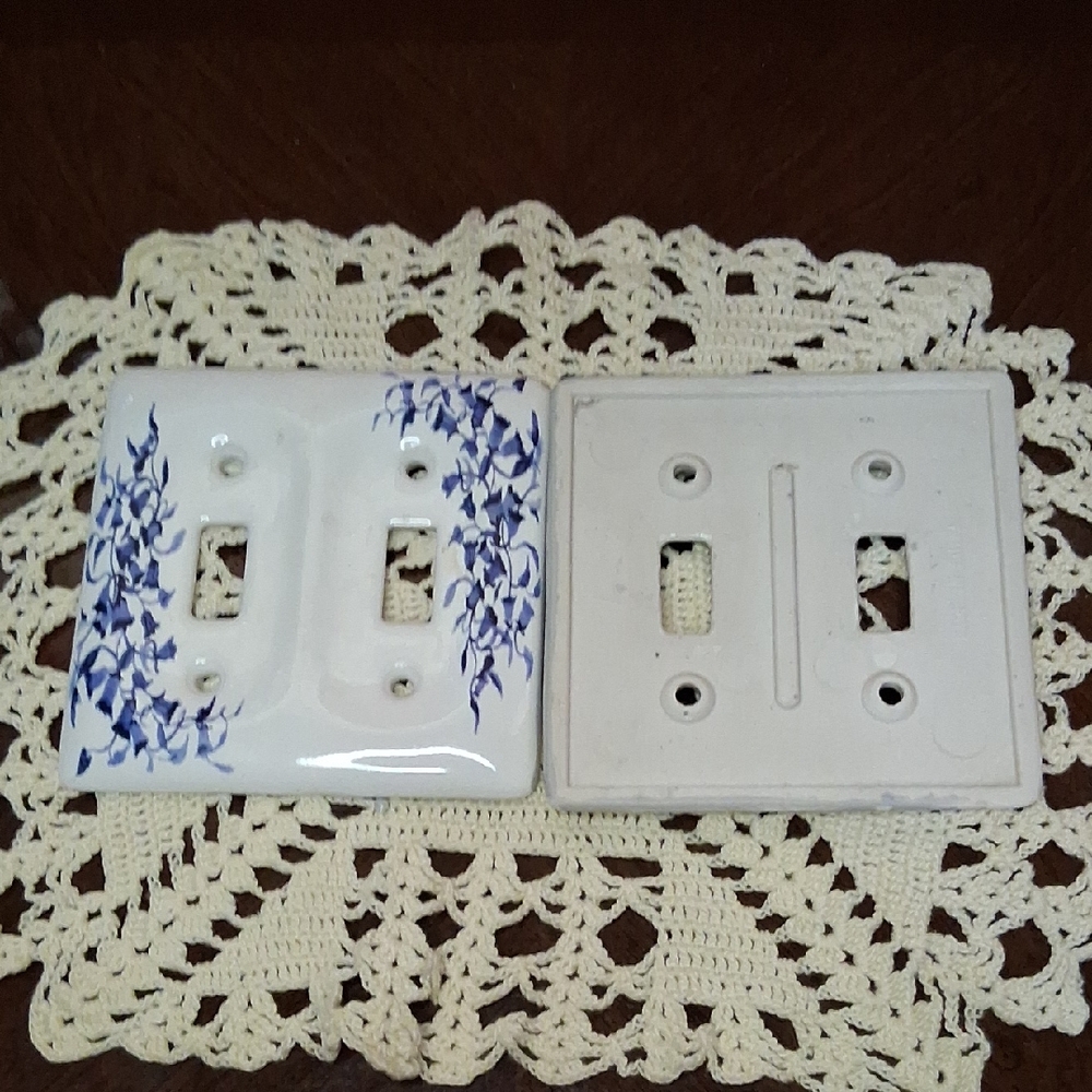 White Porcelian Double Toggle Light Switch Cover with Blue Floral Accent